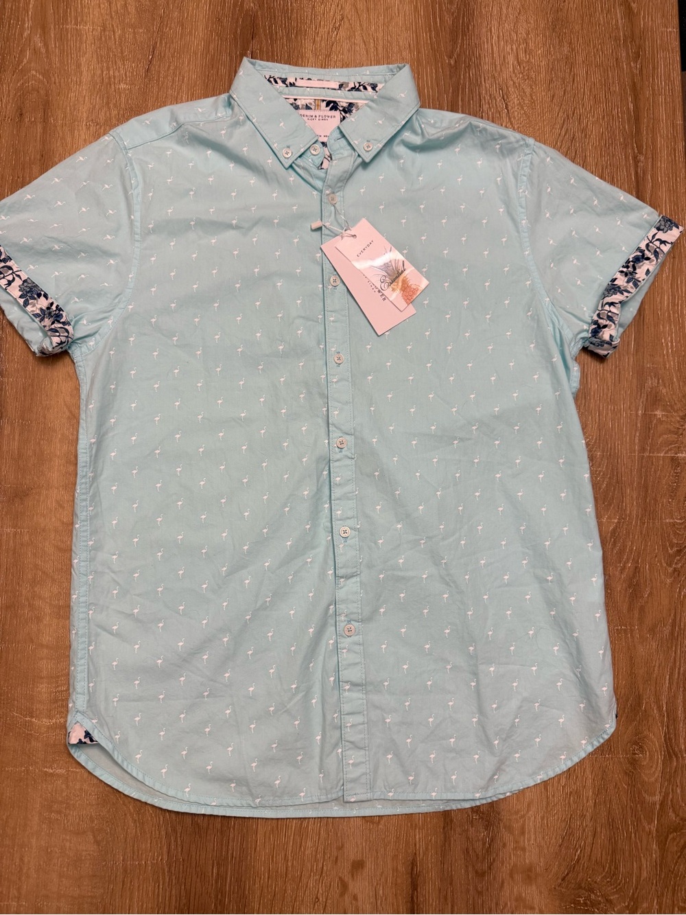 Denim & Flower Men's Mint Blue Short-Sleeve Button-Down Shirt with Palm Print